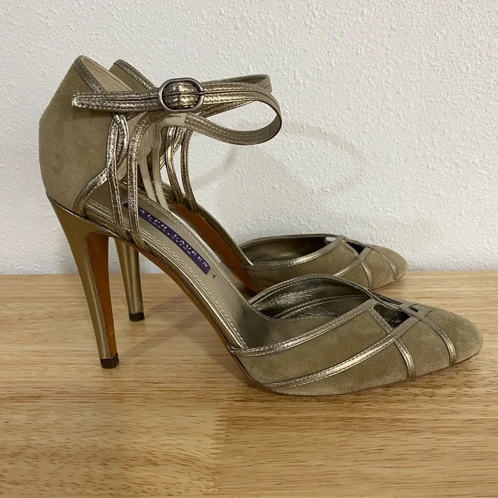 RALPH LAUREN Collection Metallic Suede Gray Leather Heels Pumps 8 B‎ Ankle Strap